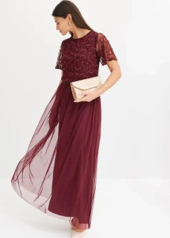 bonprix Kleider|Festliche Mode^Maxikleid aus feinem Tüll mit Paillettenstickerei dunkelrot