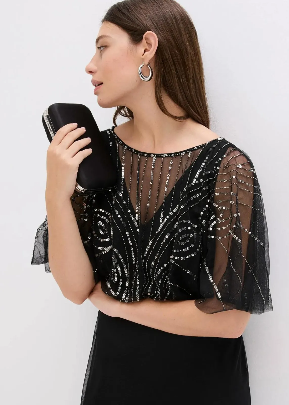 bonprix Kleider|Festliche Mode^Maxikleid aus feinem Tüll mit Paillettenstickerei schwarz