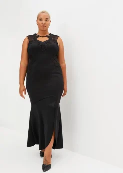bonprix Kurzgrößen|Kurzgrößen^Maxikleid aus fester Scuba-Qualität mit Spitze schwarz