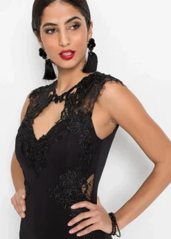 bonprix Kurzgrößen|Kurzgrößen^Maxikleid aus fester Scuba-Qualität mit Spitze schwarz