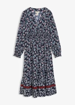 bonprix Bekleidung·Pullover & Strickjacken|Kleider^Maxikleid aus fließender Viskose dunkelblau/wollweiß/kastanienrot/meerestürkis/schwarz bedruckt