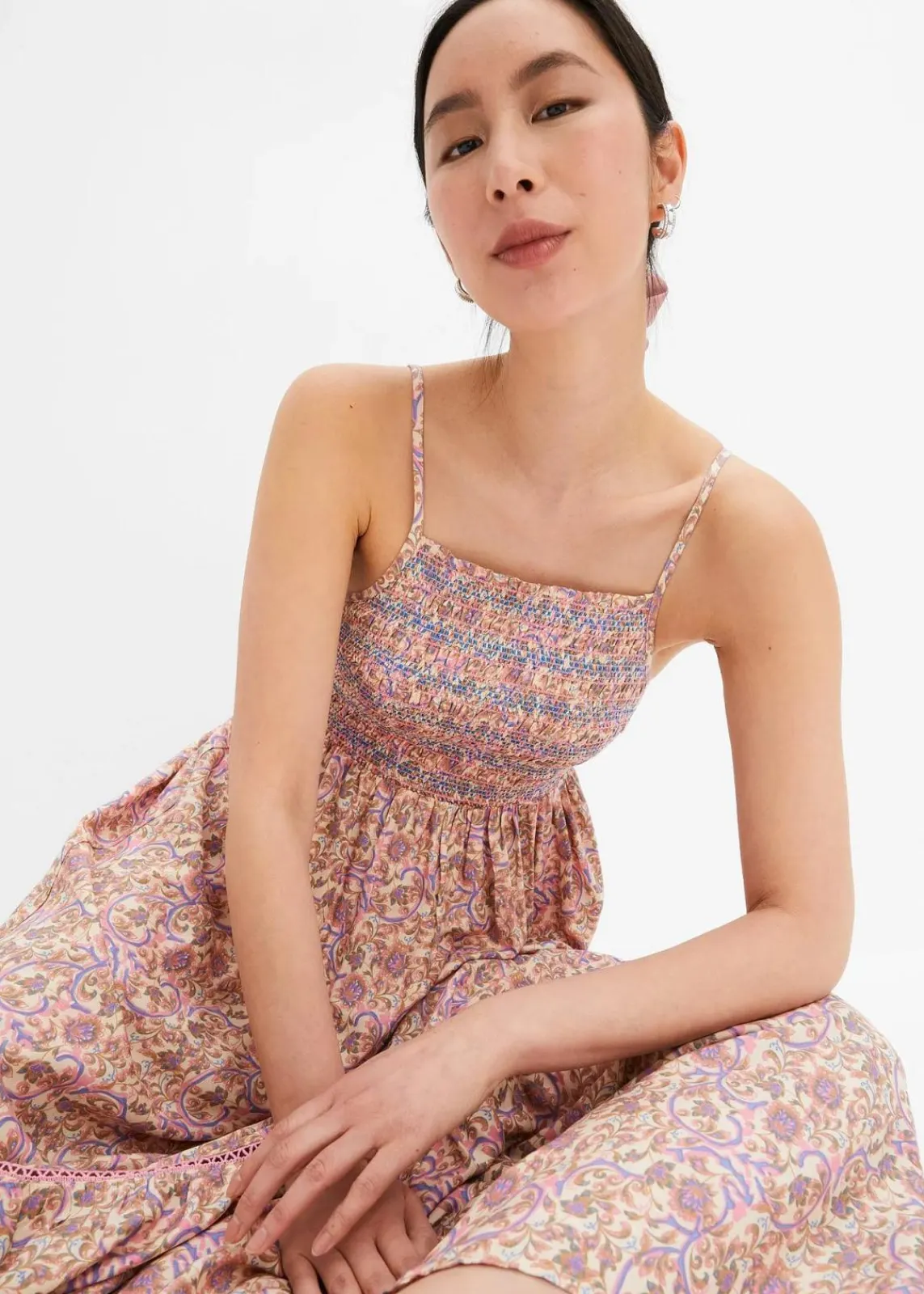bonprix Bekleidung·Pullover & Strickjacken|Kleider^Maxikleid aus fließender Viskose beige/knallrosa/himmelblau/camel bedruckt