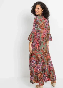 bonprix Nachhaltigere Materialien|Kleider^Maxikleid aus fließender Viskose oliv/rot geblümt