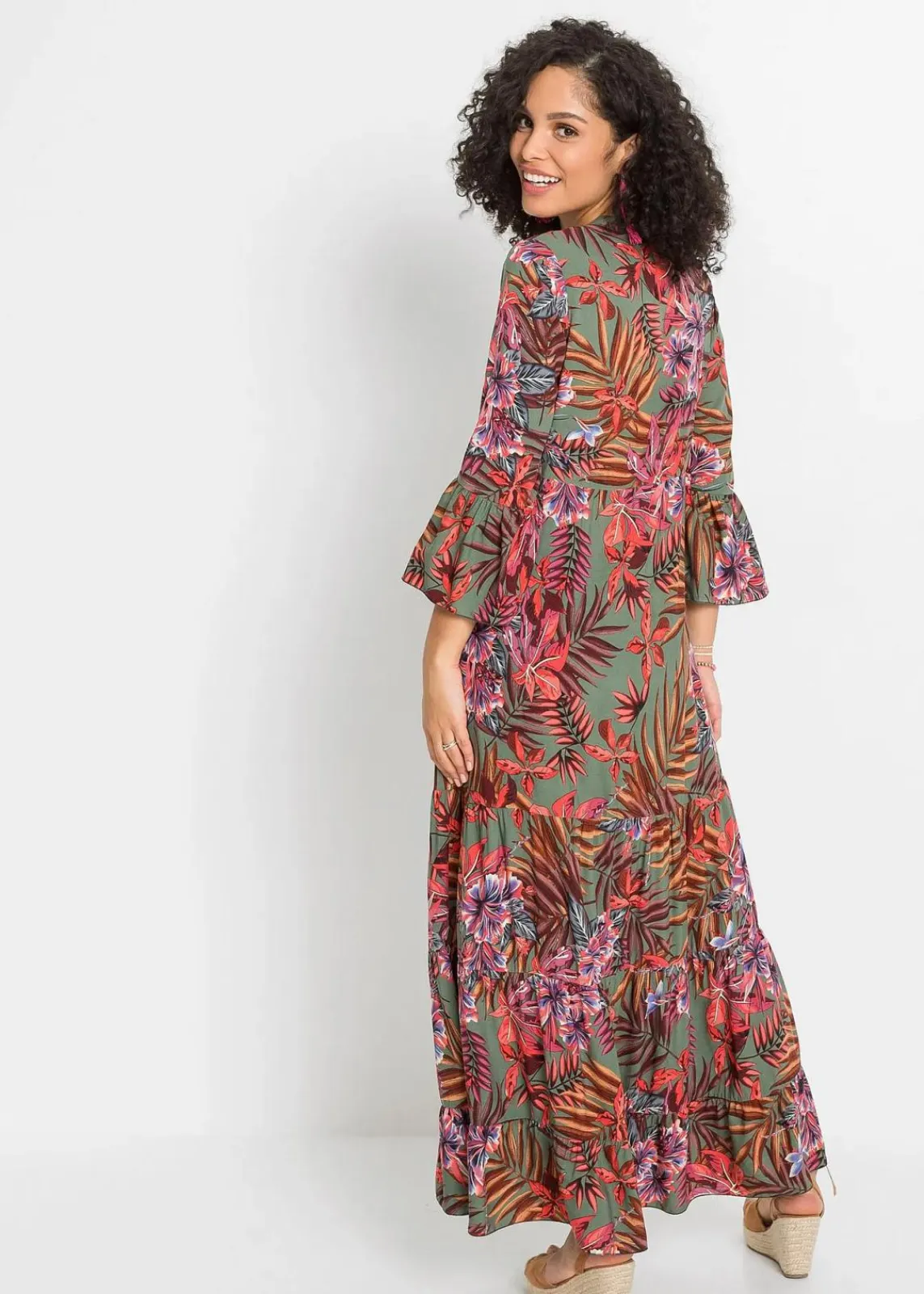 bonprix Nachhaltigere Materialien|Kleider^Maxikleid aus fließender Viskose oliv/rot geblümt