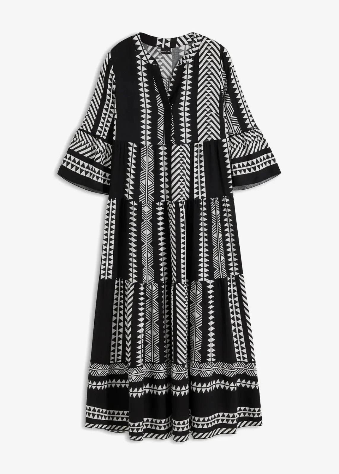 bonprix Nachhaltigere Materialien|Kleider^Maxikleid aus fließender Viskose schwarz/wollweiß graphisch bedruckt