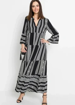 bonprix Nachhaltigere Materialien|Kleider^Maxikleid aus fließender Viskose schwarz/wollweiß graphisch bedruckt
