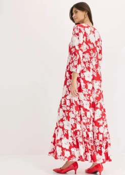 bonprix Nachhaltigere Materialien|Kleider^Maxikleid aus fließender Viskose tomatenrot/weiß geblümt