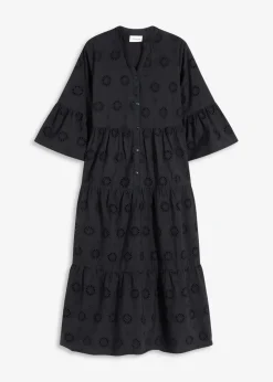 bonprix Kleider^Maxikleid aus reiner Baumwolle mit Lochstickerei schwarz
