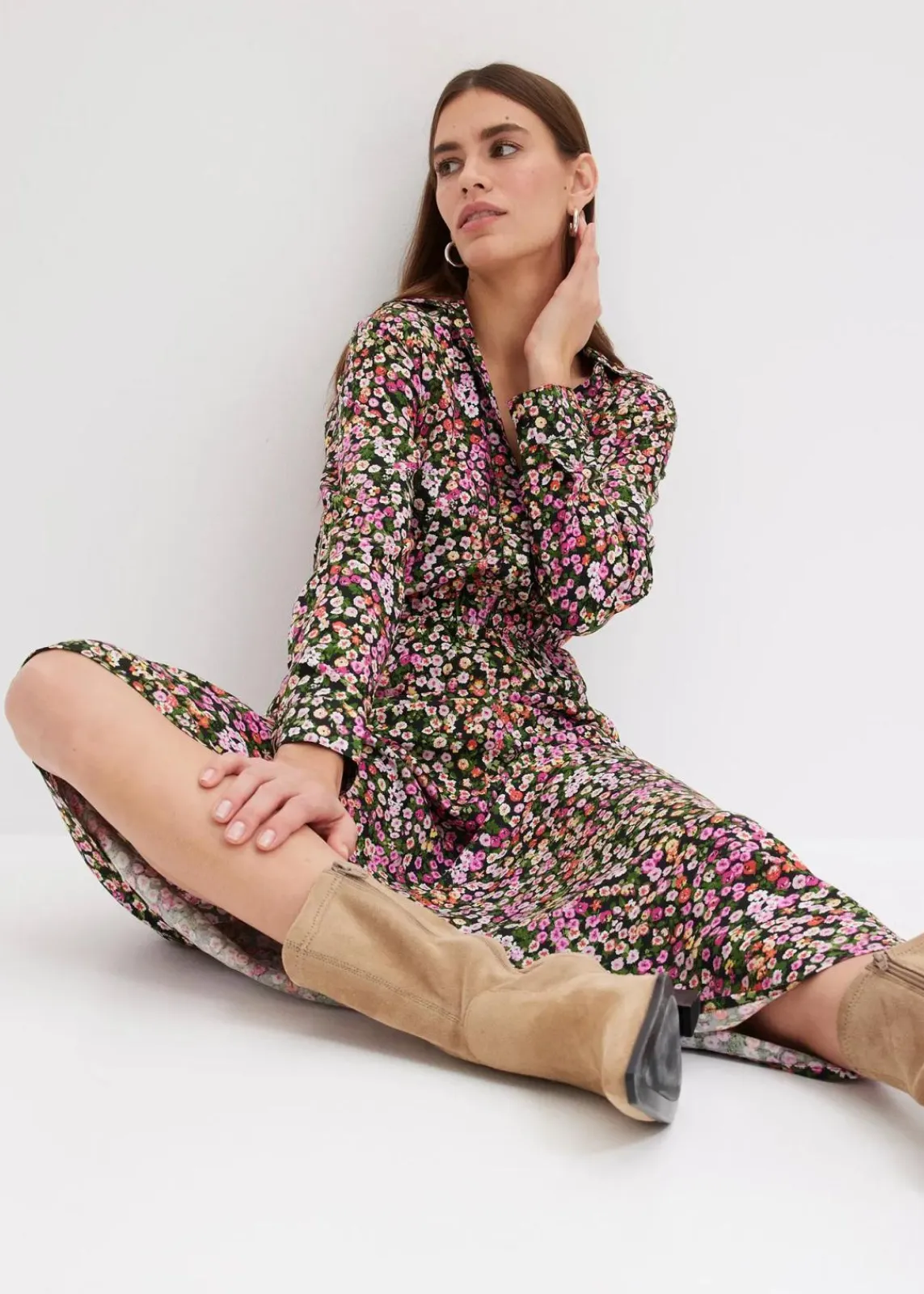 bonprix Nachhaltigere Materialien|Bekleidung·Pullover & Strickjacken^Maxikleid aus reiner Viskose pink/hellgrün geblümt