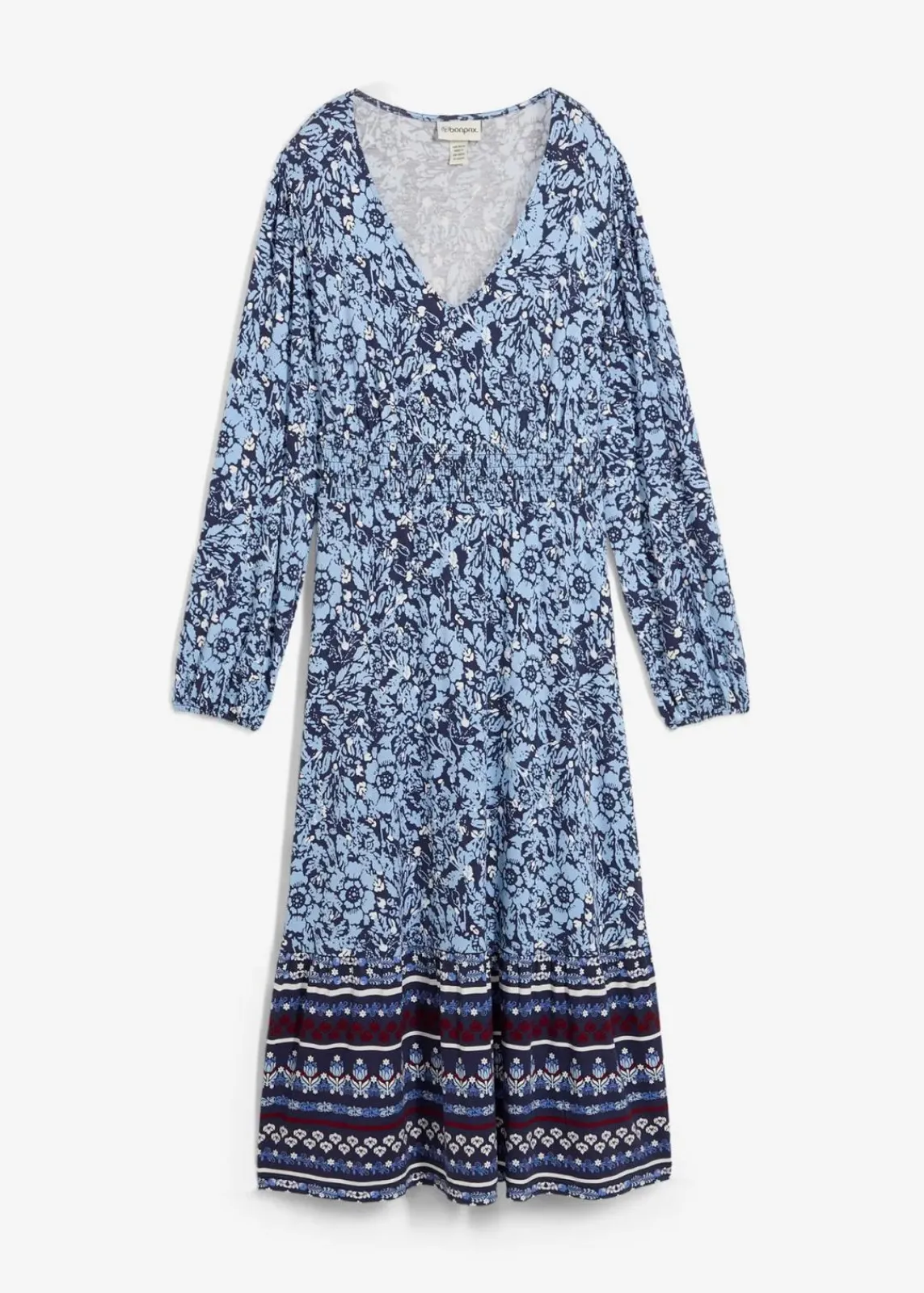 bonprix Bekleidung·Pullover & Strickjacken|Kleider^Maxikleid aus softem Viskose-Elasthan-Mix dunkelblau/hellblau/himmelblau/wollweiß/rubinrot bedruckt
