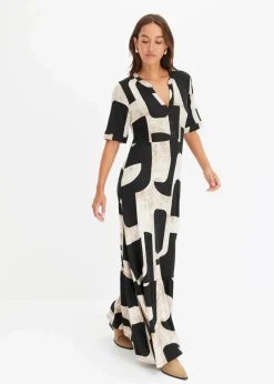 bonprix Nachhaltigere Materialien|Kleider^Maxikleid aus softem Viskose-Mix schwarz/creme graphisch bedruckt