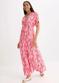 bonprix Bekleidung·Pullover & Strickjacken|Kleider^Maxikleid aus softem Viskose-Mix pink/weiß bedruckt