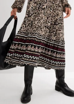 bonprix Kleider|Bekleidung·Pullover & Strickjacken^Maxikleid aus softem Viskose-Elasthan-Mix sand/khakibeige/wollweiß/rubinrot bedruckt