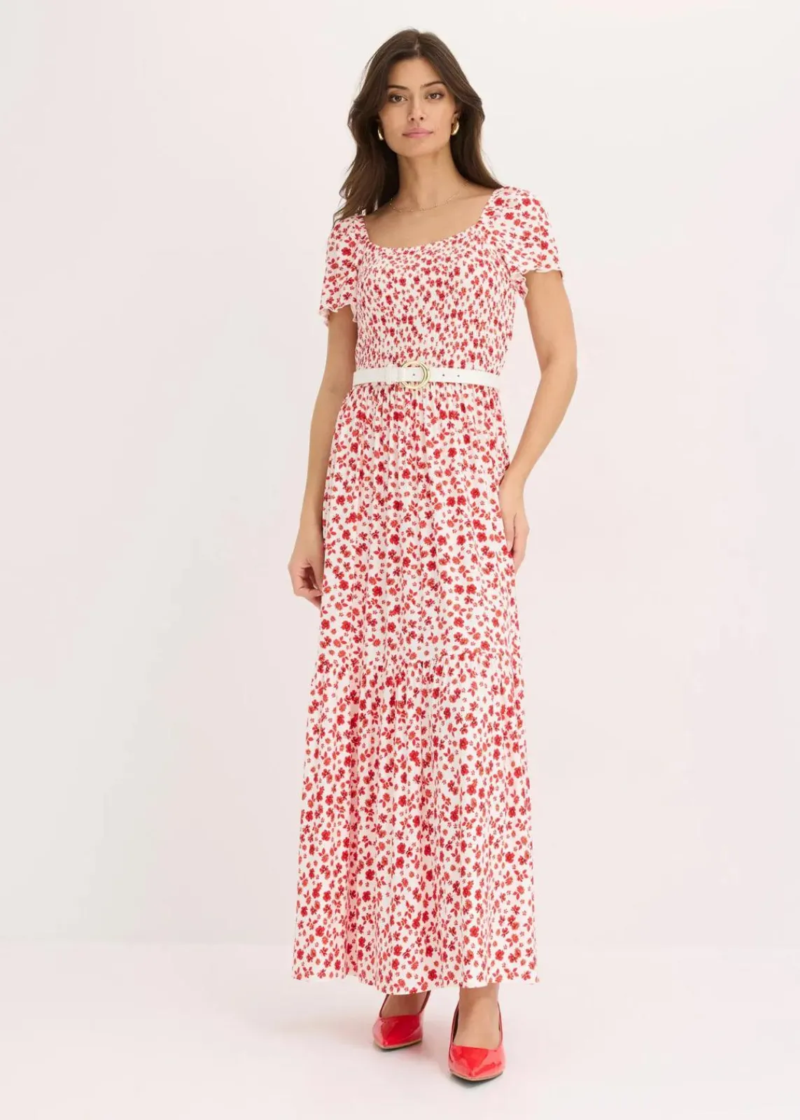 bonprix Nachhaltigere Materialien|Kleider^Maxikleid aus Viskose-Mix wollweiß/erdbeere geblümt
