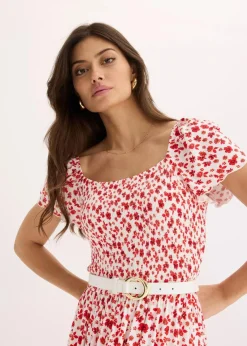 bonprix Nachhaltigere Materialien|Kleider^Maxikleid aus Viskose-Mix wollweiß/erdbeere geblümt