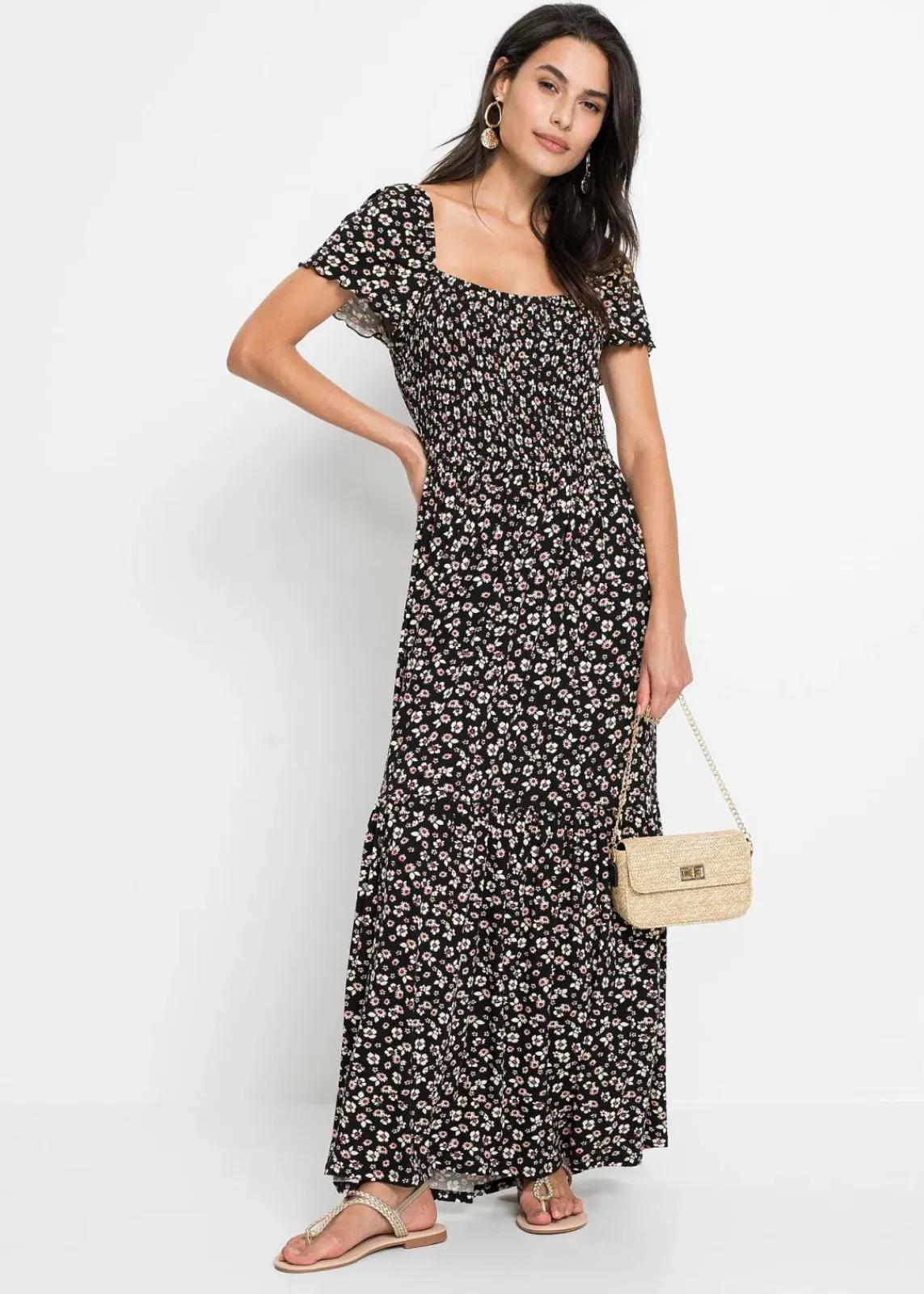 bonprix Kurzgrößen|Kurzgrößen^Maxikleid aus Viskose-Mix schwarz/wollweiß geblümt