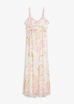 bonprix Kleider|Kurzgrößen^Maxikleid aus zartem Mesh creme floral