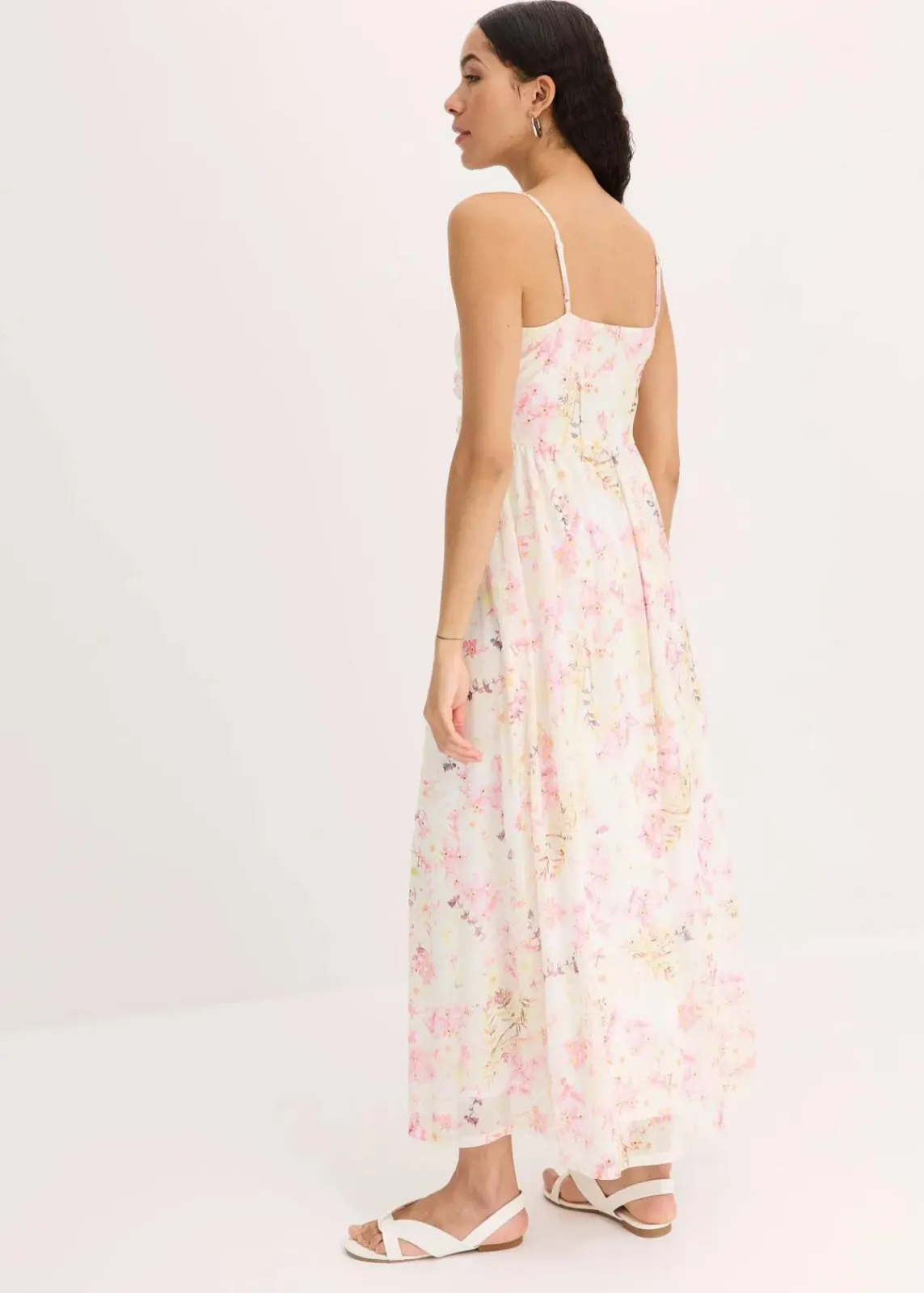 bonprix Kleider|Kurzgrößen^Maxikleid aus zartem Mesh creme floral