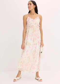 bonprix Kleider|Kurzgrößen^Maxikleid aus zartem Mesh creme floral