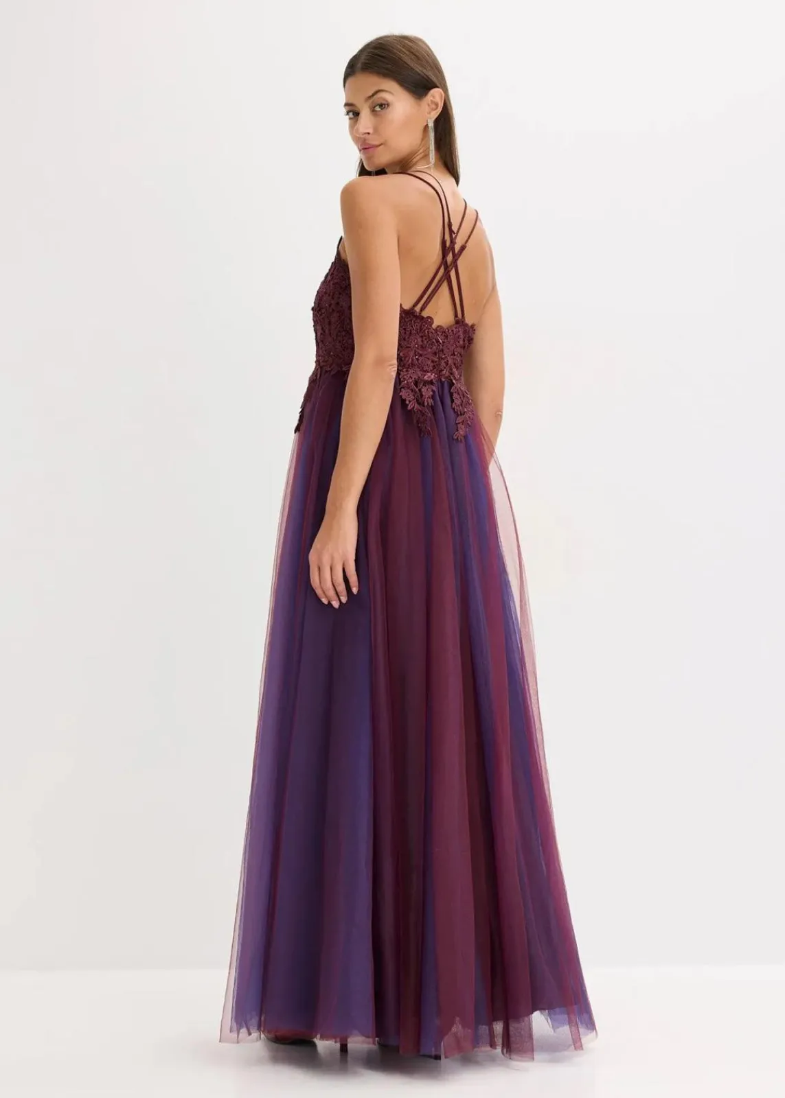 bonprix Bekleidung·Pullover & Strickjacken|Festliche Mode^Maxikleid aus zartem Tüll mit Spitze weinrot