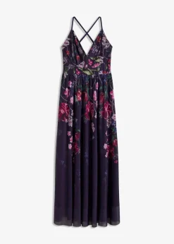 bonprix Festliche Mode|Kleider^Maxikleid aus zartem Tüll mit Trägern dunkelblau geblümt