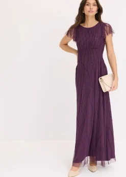 bonprix Bekleidung·Pullover & Strickjacken|Festliche Mode^Maxikleid aus zartem Tüll mit Perlenstickerei dunkellila