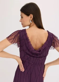 bonprix Bekleidung·Pullover & Strickjacken|Festliche Mode^Maxikleid aus zartem Tüll mit Perlenstickerei dunkellila