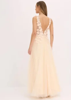 bonprix Festliche Mode|Kleider^Maxikleid aus zartem Tüll mit Blumen-Applikation champagner