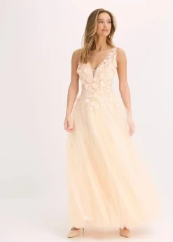 bonprix Festliche Mode|Kleider^Maxikleid aus zartem Tüll mit Blumen-Applikation champagner
