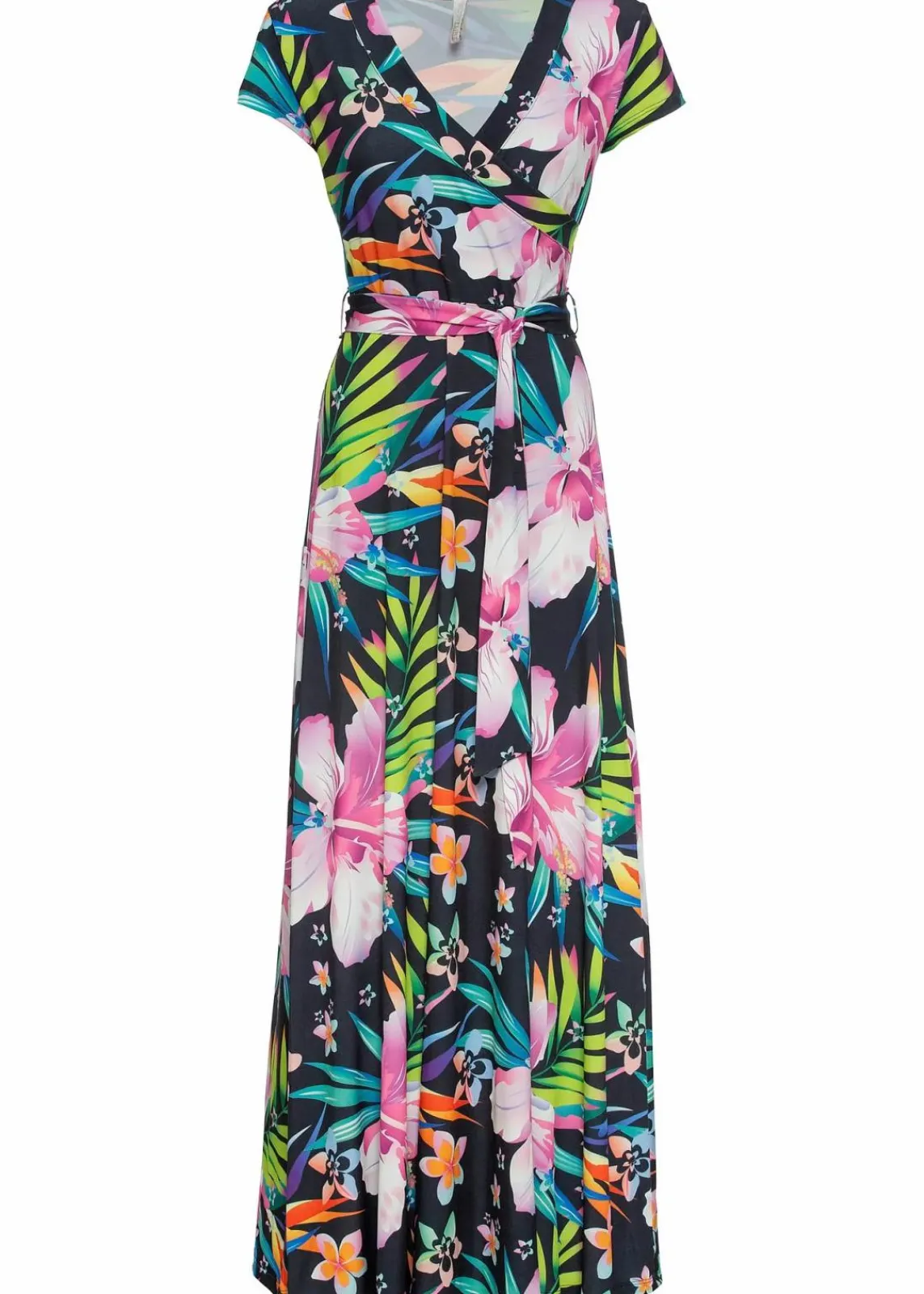 bonprix Kleider^Maxikleid in Wickeloptik schwarz/grün/pink geblümt