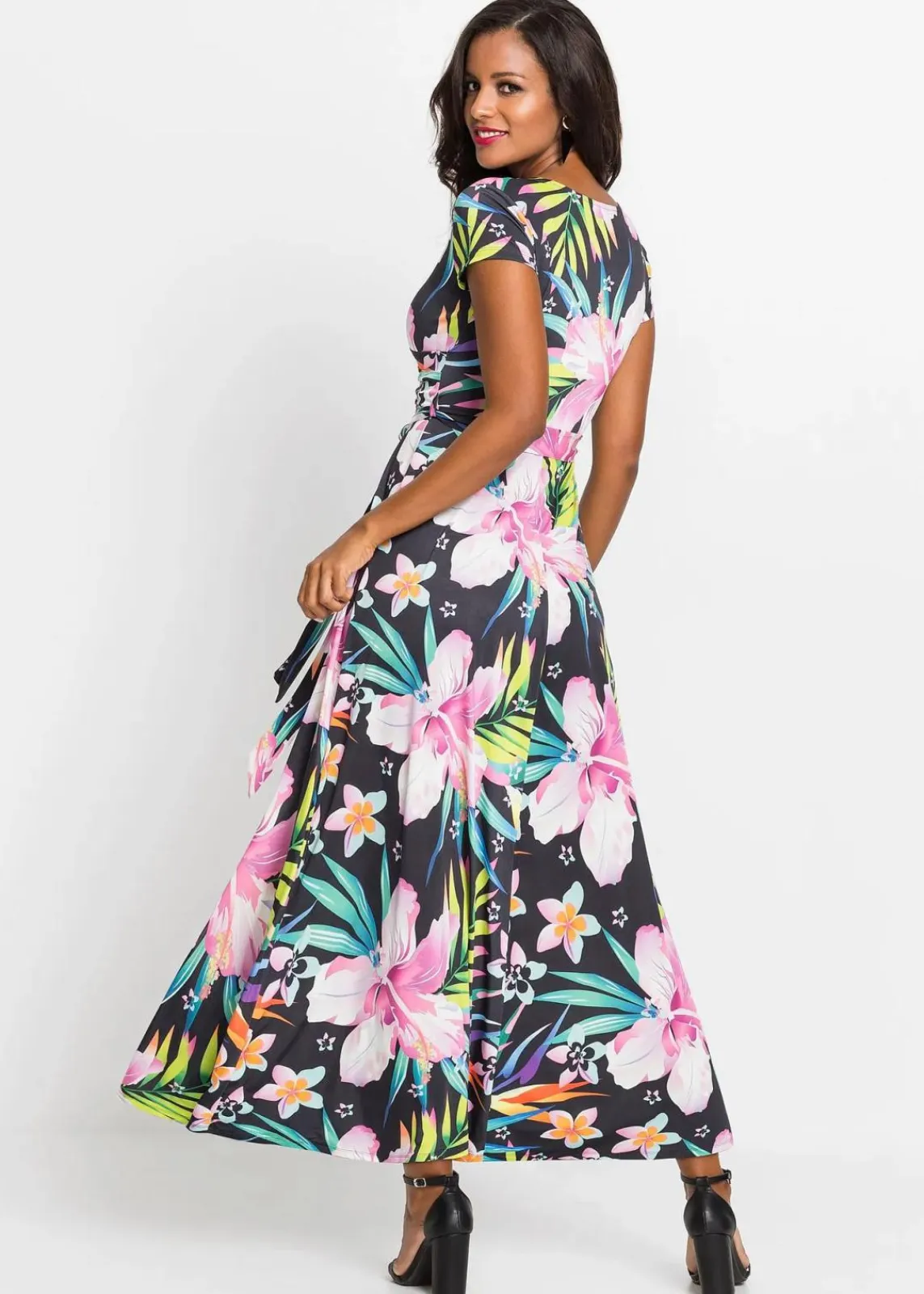 bonprix Kleider^Maxikleid in Wickeloptik schwarz/grün/pink geblümt