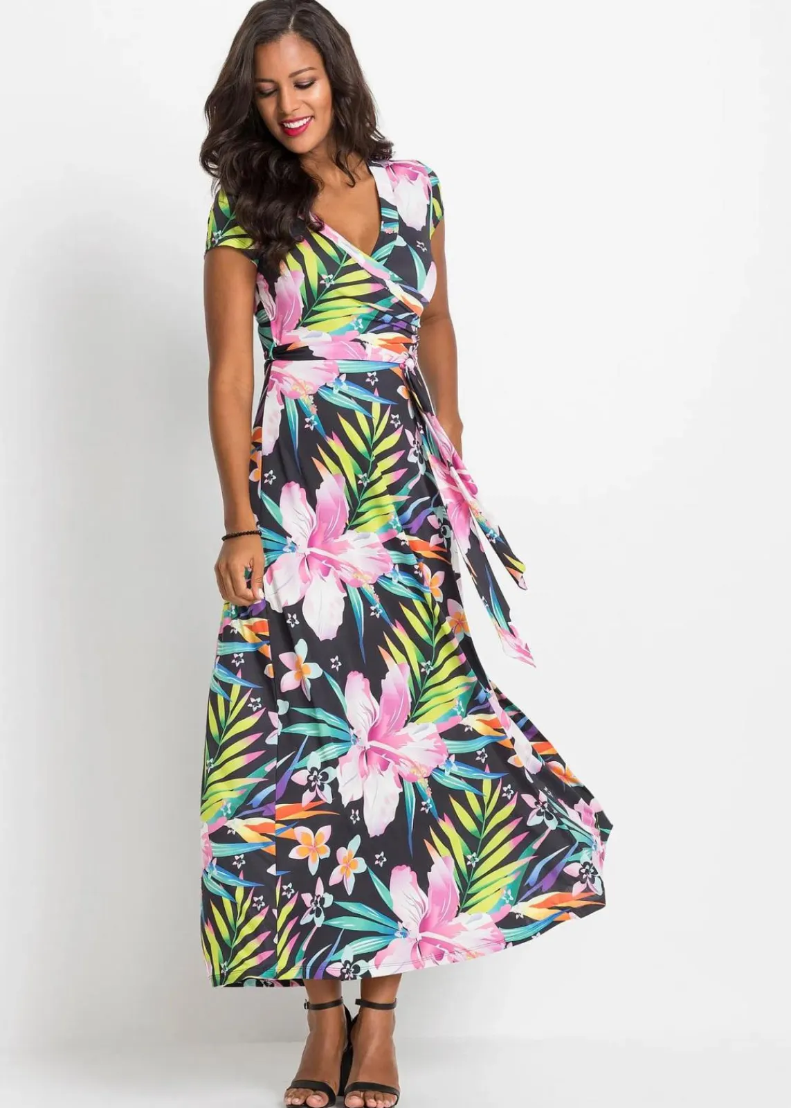 bonprix Kleider^Maxikleid in Wickeloptik schwarz/grün/pink geblümt