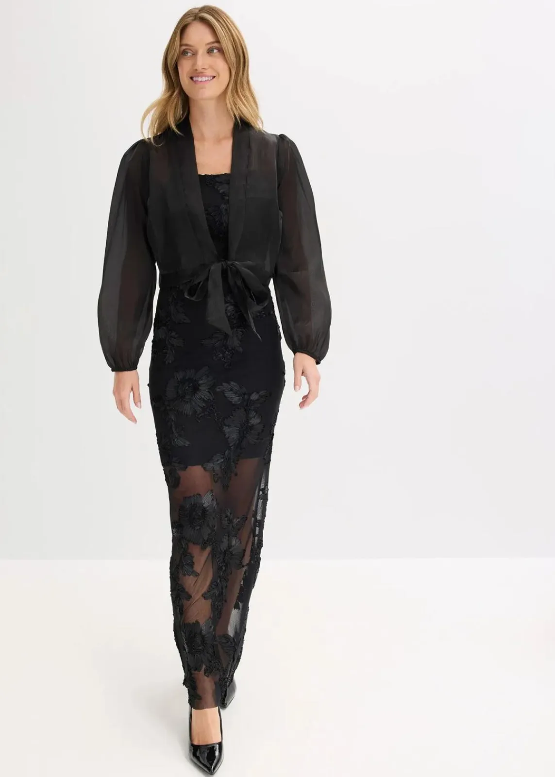 bonprix Bekleidung·Pullover & Strickjacken|Festliche Mode^Maxikleid mit floraler Stickerei schwarz