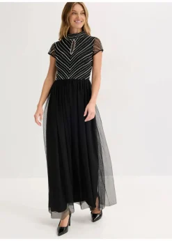 bonprix Bekleidung·Pullover & Strickjacken|Festliche Mode^Maxikleid mit Perlenstickerei schwarz