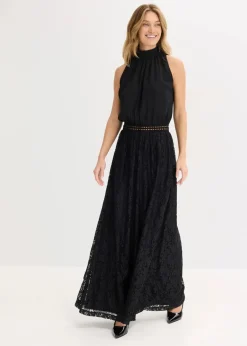 bonprix Bekleidung·Pullover & Strickjacken|Festliche Mode^Maxikleid mit Spitzen-Rock schwarz