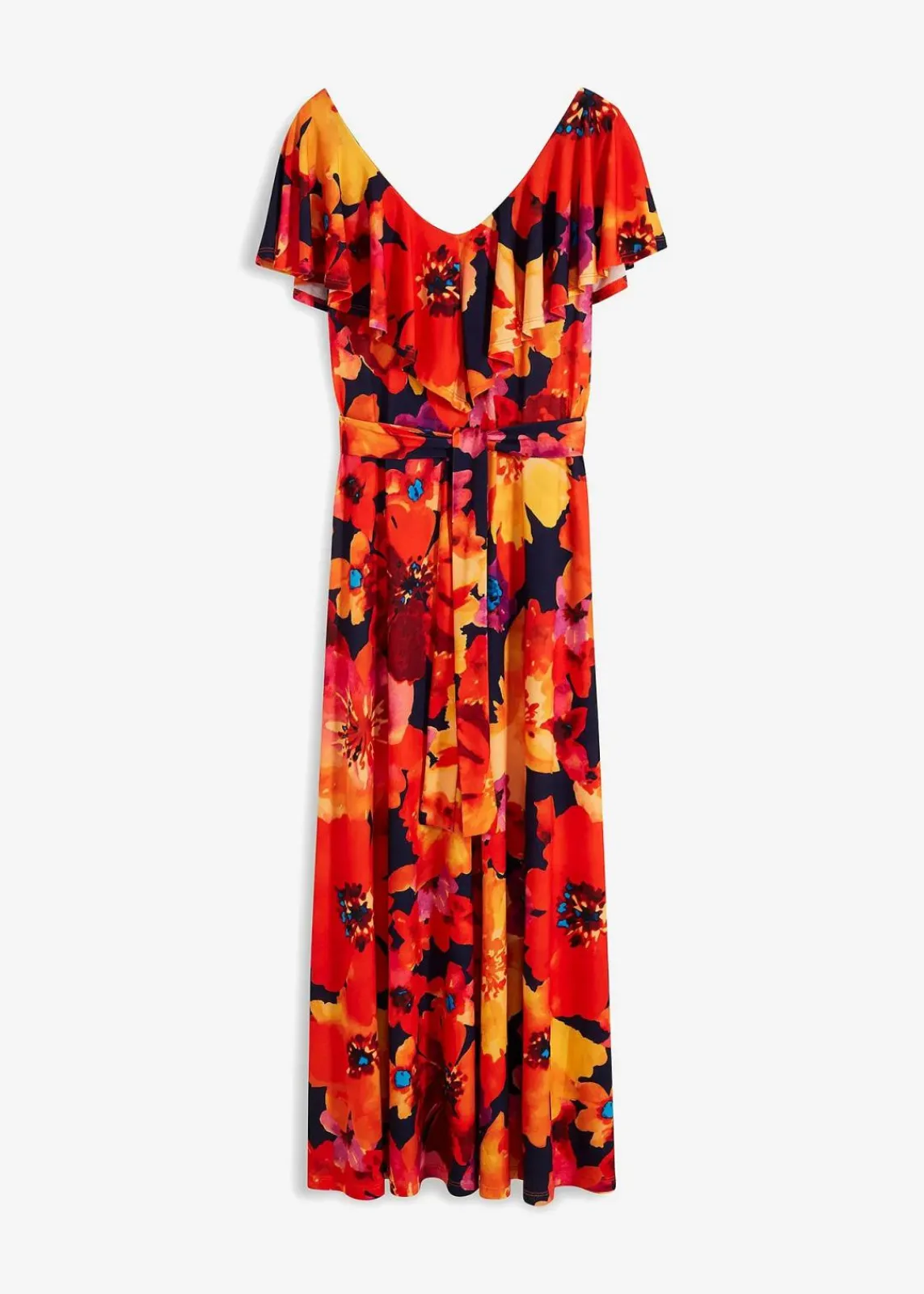 bonprix Kleider^Maxikleid mit Volant und Gürtel gelb / rot / dunkelblau geblümt