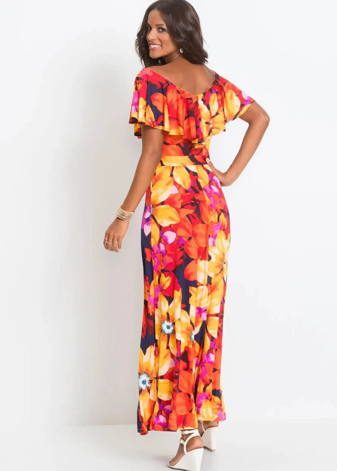 bonprix Kleider^Maxikleid mit Volant und Gürtel gelb / rot / dunkelblau geblümt