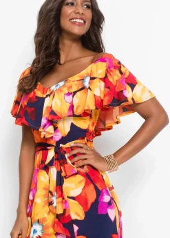 bonprix Kleider^Maxikleid mit Volant und Gürtel gelb / rot / dunkelblau geblümt