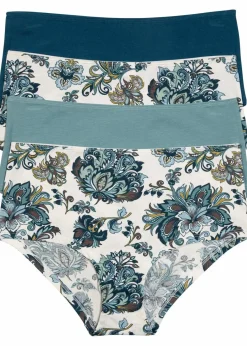 bonprix Wäsche·Baumwollunterwäsche|Wäsche·Höschen^Maxipanty (4er Pack) blaupetrol gemustert + mineralblau + blaupetrol