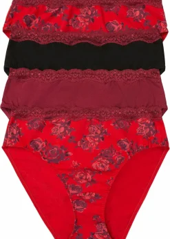 bonprix Wäsche·Baumwollunterwäsche|Wäsche·Höschen^Maxislip mit Bio-Baumwolle (4er Pack) rot gebluemt + schwarz + rhododendronrot
