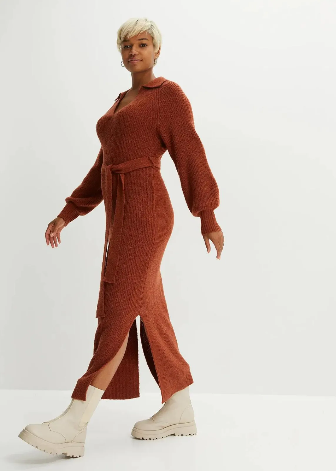 bonprix Bekleidung·Umstandsmode|Strickmode^Maxi-Strickkleid mit Gürtel (2-tlg. Set) braun