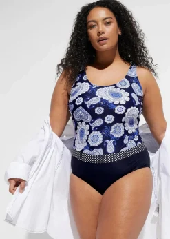 bonprix Nachhaltigere Materialien|Shapewear^Medium Shape-Badeanzug blau/weiß