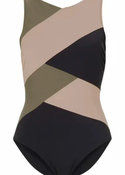 bonprix Nachhaltigere Materialien|Shapewear^Medium Shape-Badeanzug in Wickeloptik schwarz/oliv