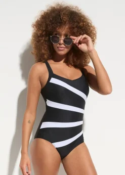 bonprix Nachhaltigere Materialien|Bademode·Badeanzüge^Medium Shape-Badeanzug mit Einsätzen schwarz/weiß gestreift