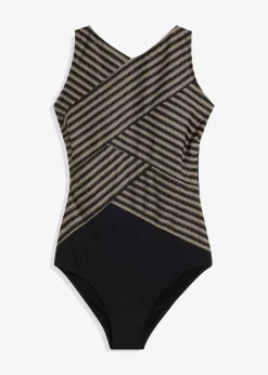 bonprix Nachhaltigere Materialien|Shapewear^Medium Shape-Badeanzug mit Wickeloptik schwarz/taupe/gold
