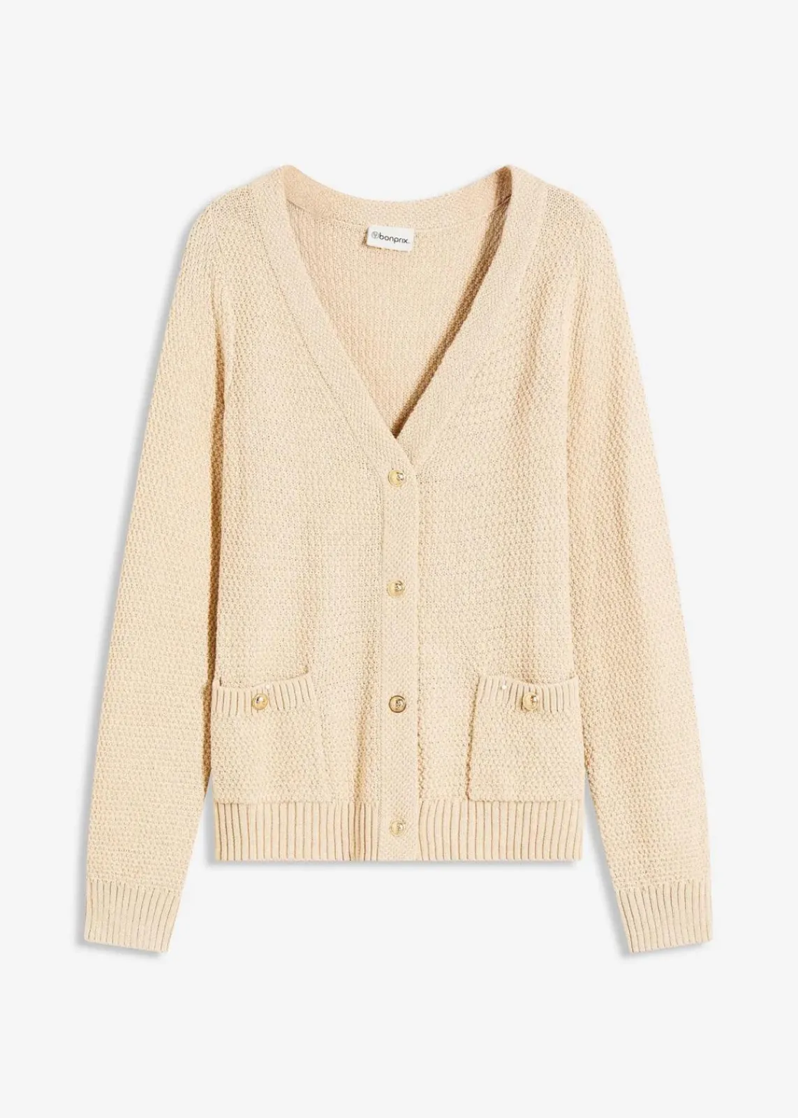 bonprix Bekleidung·Umstandsmode|Pullover & Strickjacken^Melange Strickjacke mit goldfarbigen Knöpfen kieselbeige meliert