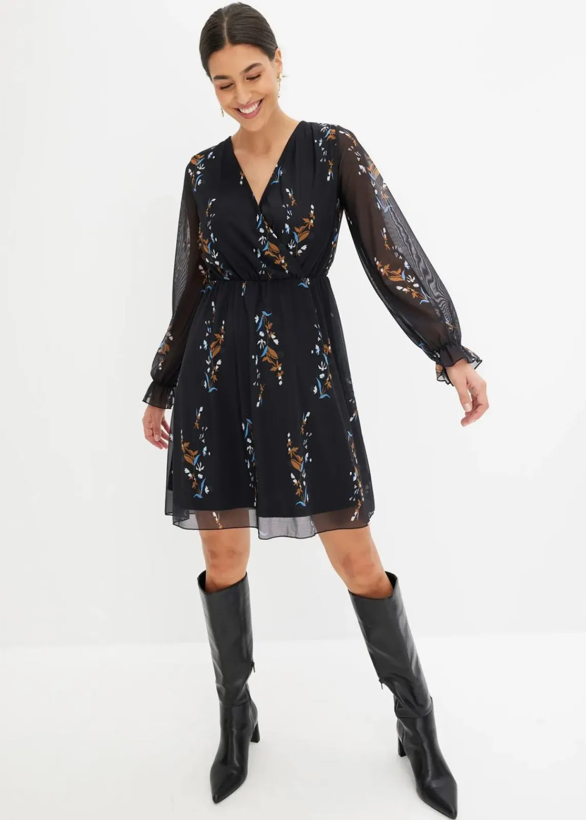 bonprix Bekleidung·Pullover & Strickjacken|Kleider^Meshkleid schwarz geblümt