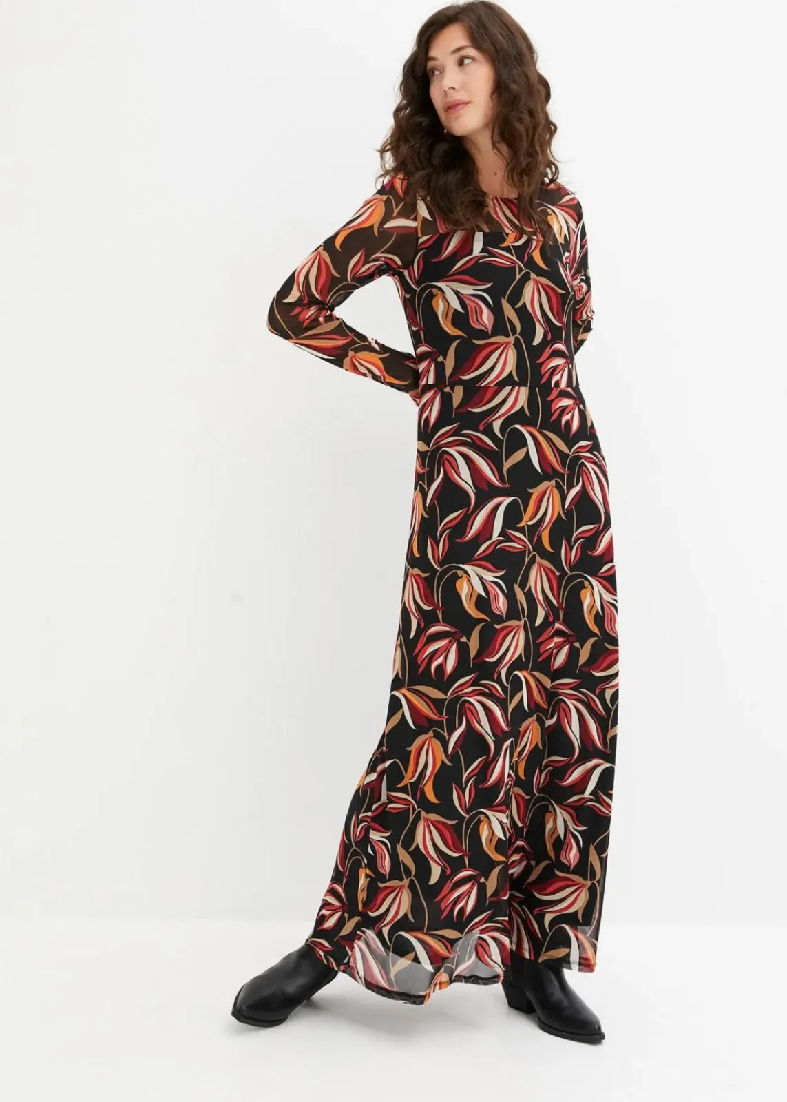 bonprix Kleider|Nachhaltigere Materialien^Meshkleid schwarz/rot bedruckt
