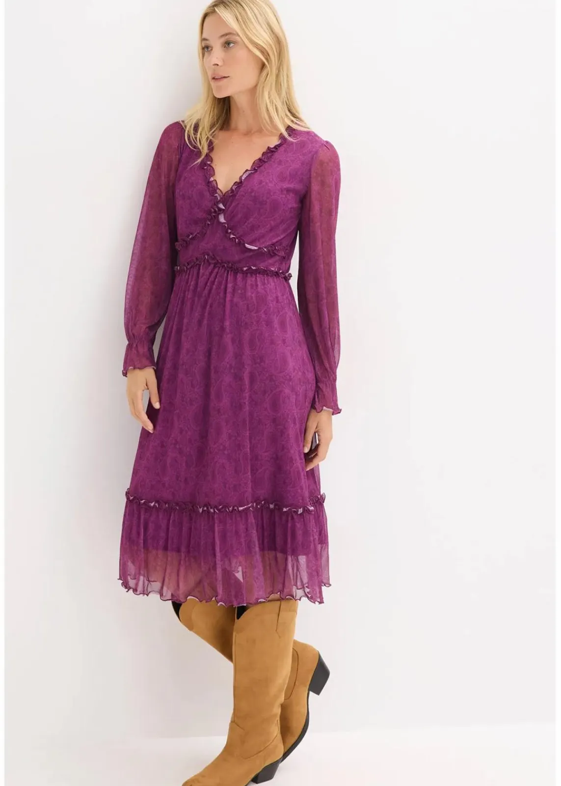 bonprix Bekleidung·Pullover & Strickjacken|Kleider^Midi-Jerseykleid aus Mesh dunkellila paisley