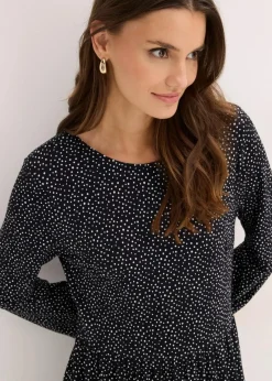 bonprix Bekleidung·Pullover & Strickjacken|Nachhaltigere Materialien^Midi-Jerseykleid aus Viskose-Mix schwarz mit weiß gepunktet